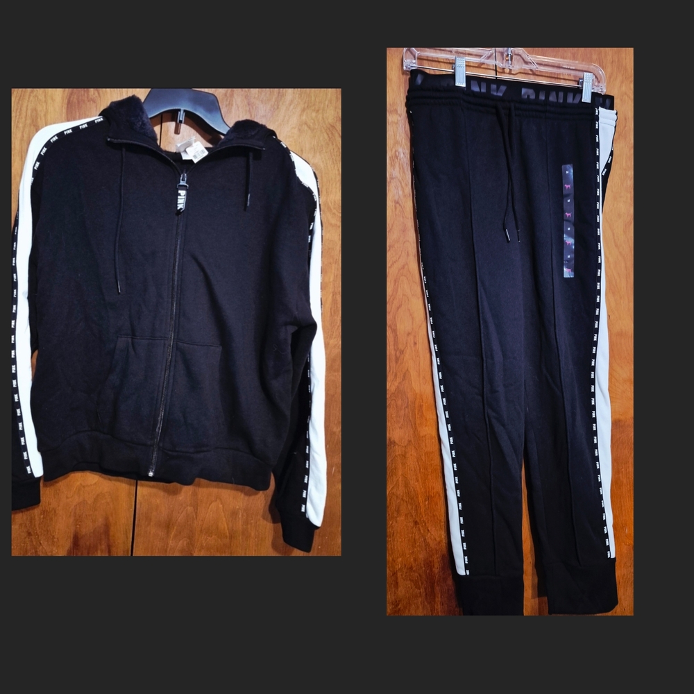 PINK Victoria's Secret Black Jogger Set White Stripes Large Jacket Medium Pants